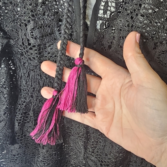 Black Lace Womens Swim Cover Tie Strings Tassels V Neck Elastic Waist - Picture 8 of 8